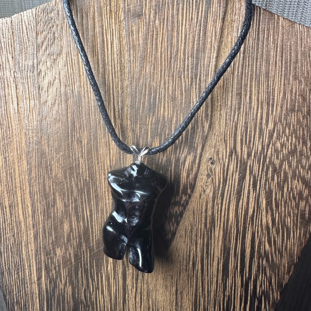 Black Obsidian Male Body Pendant Necklace on Black Rope, Sterling Silver Clasp - Picture 3 of 10
